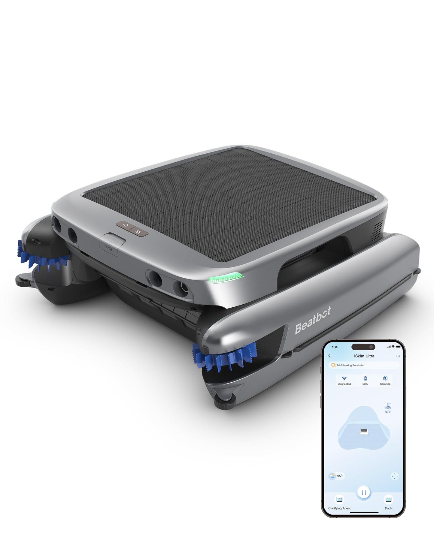 Beatbot iSkim Ultra Solar Powered Robotic Pool Skimmer, Pool Surface Cleaner Robot, Dual Charging Options, Water Clarification, Edge & Corner Cleaning, S-Path Optimization, App Control, Silver Gray