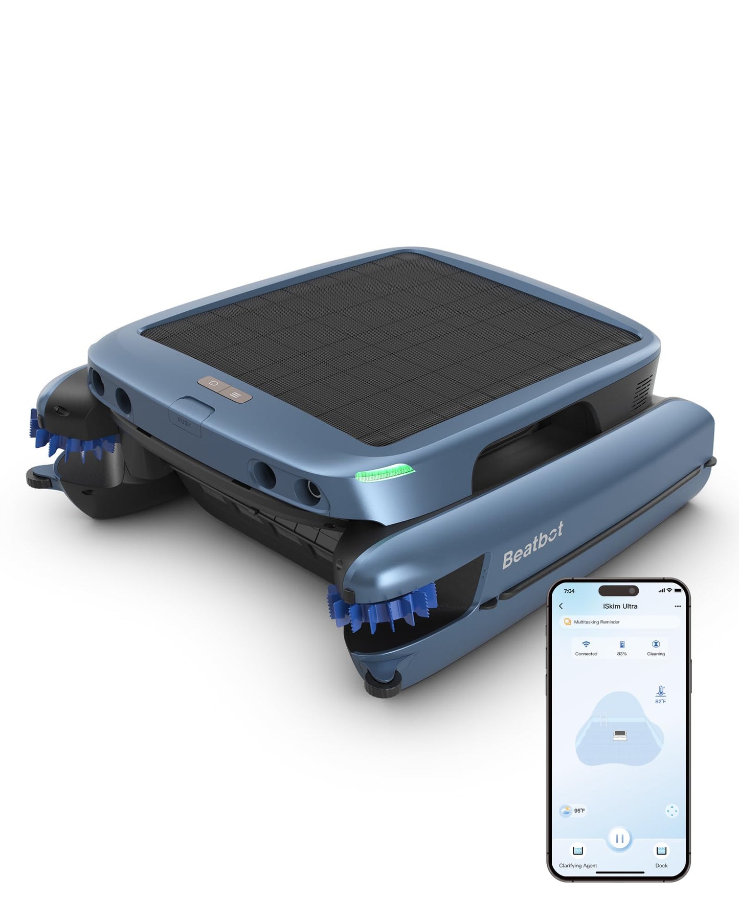 Beatbot iSkim Ultra Solar Powered Robotic Pool Skimmer, Pool Surface Cleaner Robot, Dual Charging Options, Water Clarification, Edge & Corner Cleaning, S-Path Optimization, App Control, Silver Gray