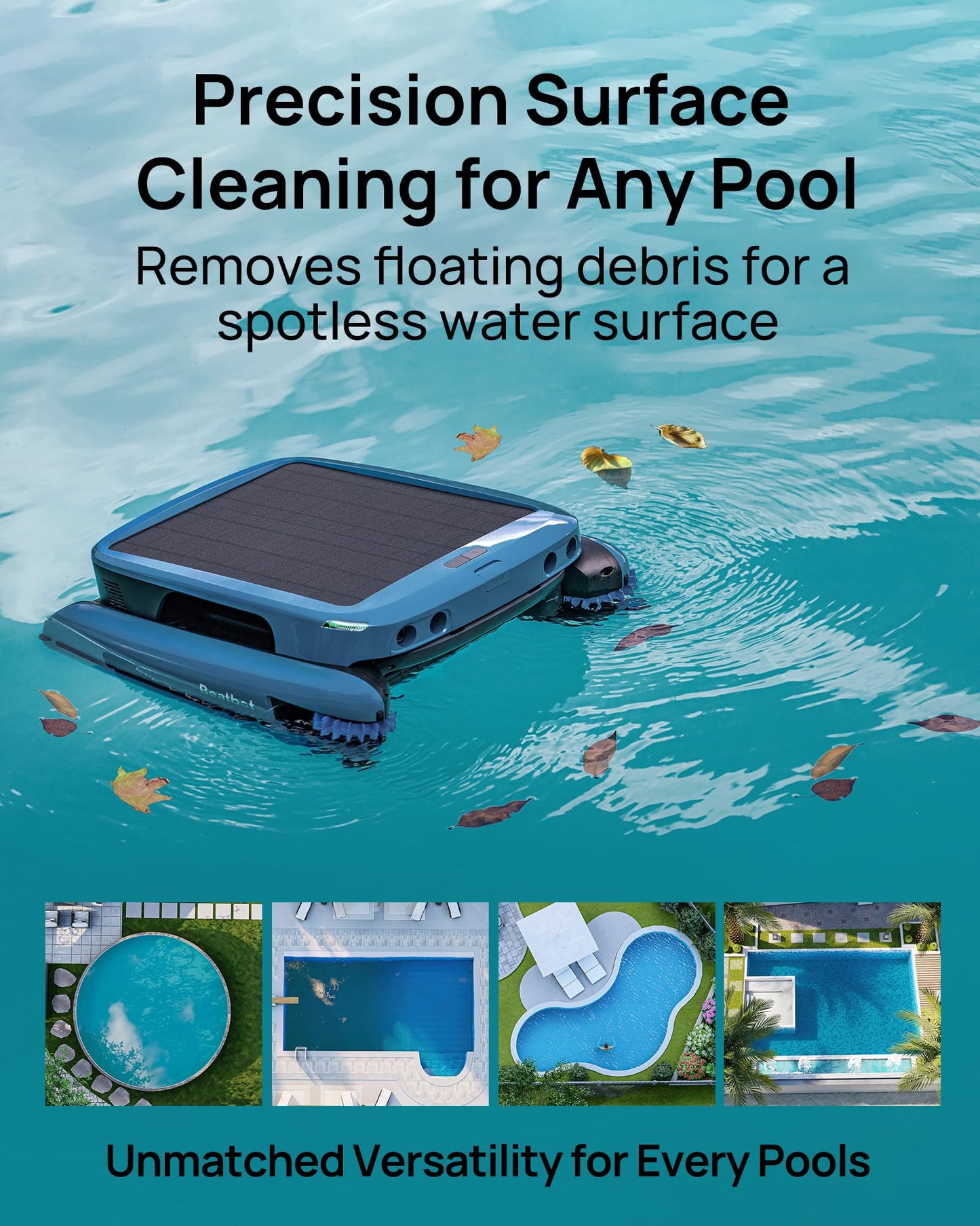 Beatbot iSkim Ultra Solar Powered Robotic Pool Skimmer, Pool Surface Cleaner Robot, Dual Charging Options, Water Clarification, Edge & Corner Cleaning, S-Path Optimization, App Control, Silver Gray