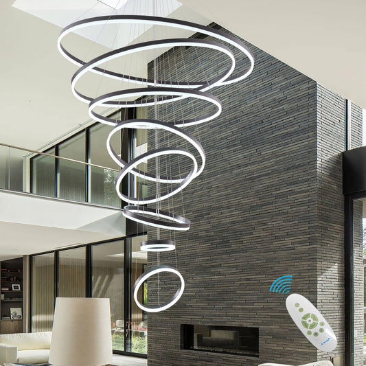 8 Rings Chandelier, 47.24" Extra Large Led Chandelier Black Modern Chandeliers,Larger High Ceiling Chandelier for Foyer,Modern Led Chandelier for Entryway Staircase